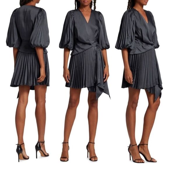 NWT ACLER satin wrap pleated Harlem dress in petrol US 4, $399 - Picture 1 of 13